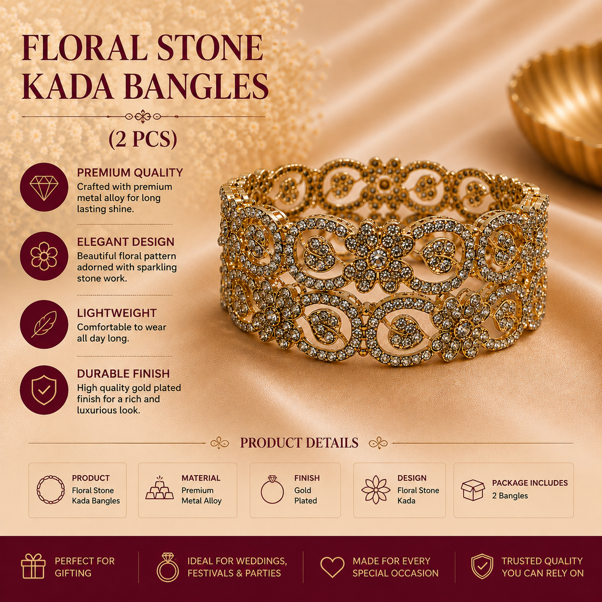 Premium Floral Crystal Gold Finish Kada Bangle (2 PCS )