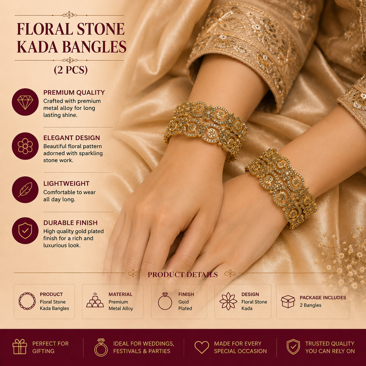 Premium Floral Crystal Gold Finish Kada Bangle (2 PCS )