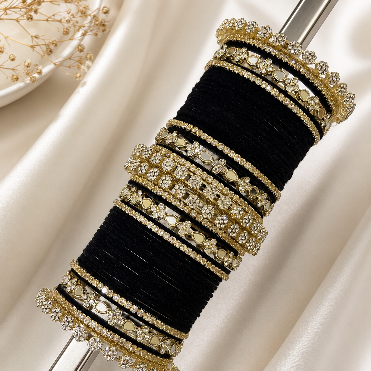 Black Velvet Gold-Tone Bridal Bangles Set