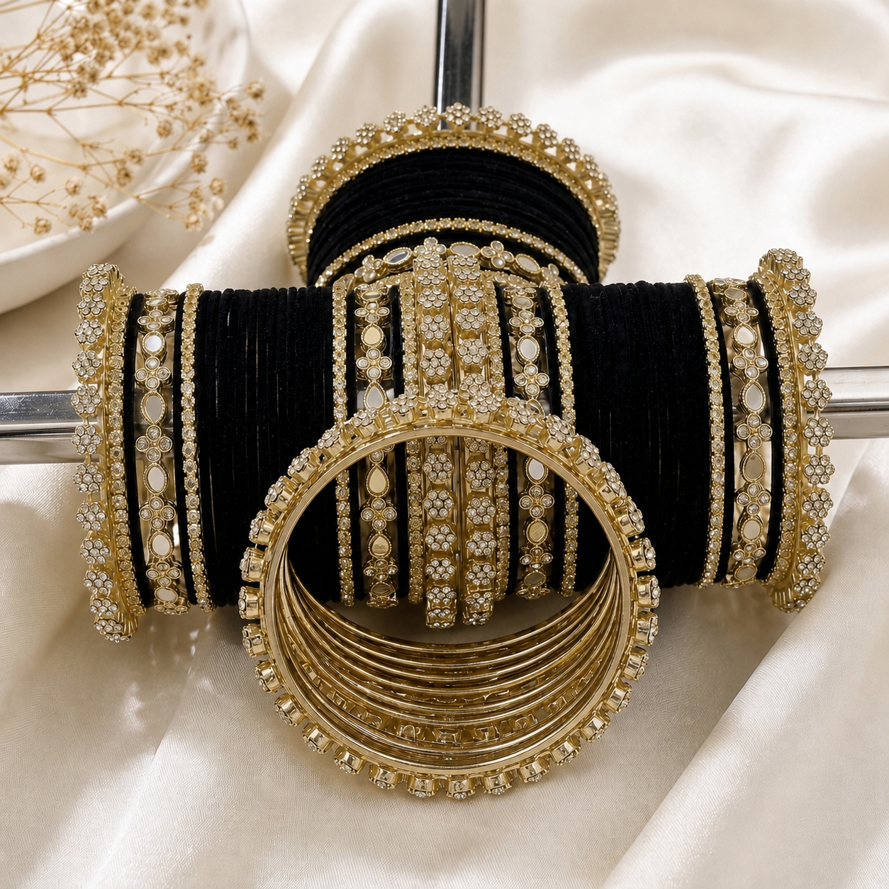 Black Velvet Gold-Tone Bridal Bangles Set