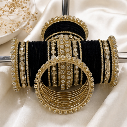 Black Velvet Gold-Tone Bridal Bangles Set