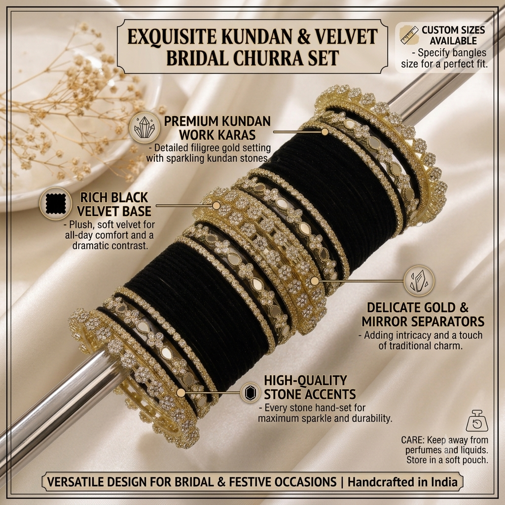 Black Velvet Gold-Tone Bridal Bangles Set
