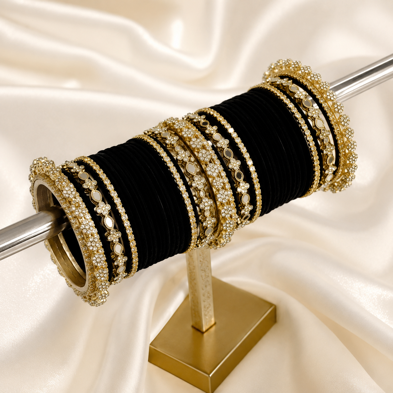 Black Velvet Gold-Tone Bridal Bangles Set