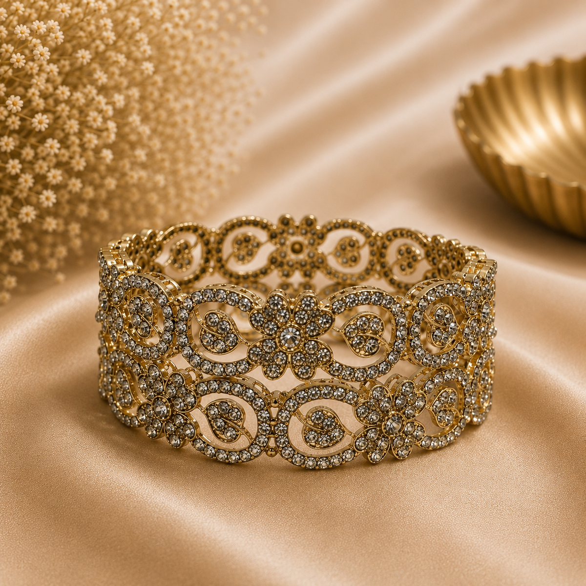 Premium Floral Crystal Gold Finish Kada Bangle (2 PCS )