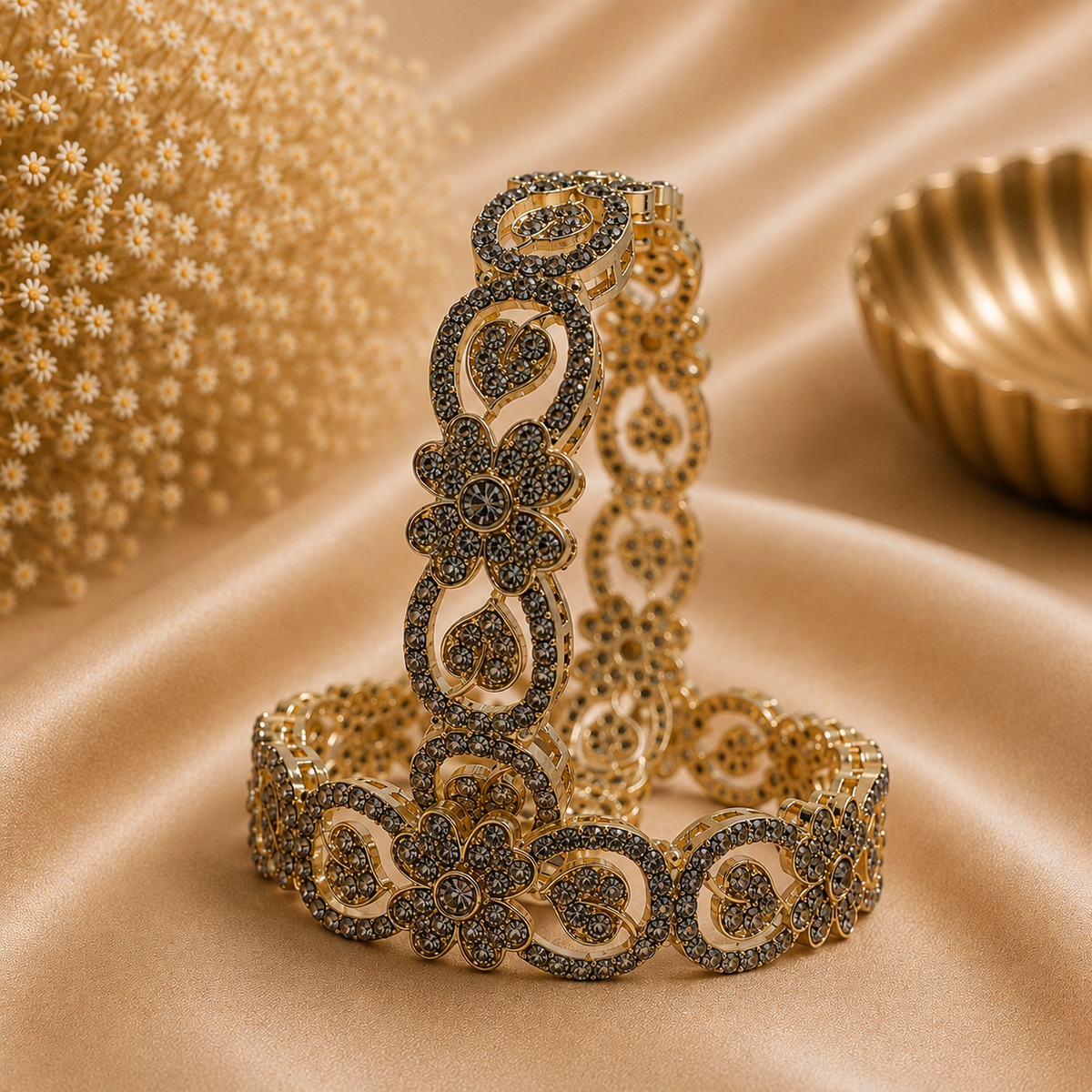 Premium Floral Crystal Gold Finish Kada Bangle (2 PCS )