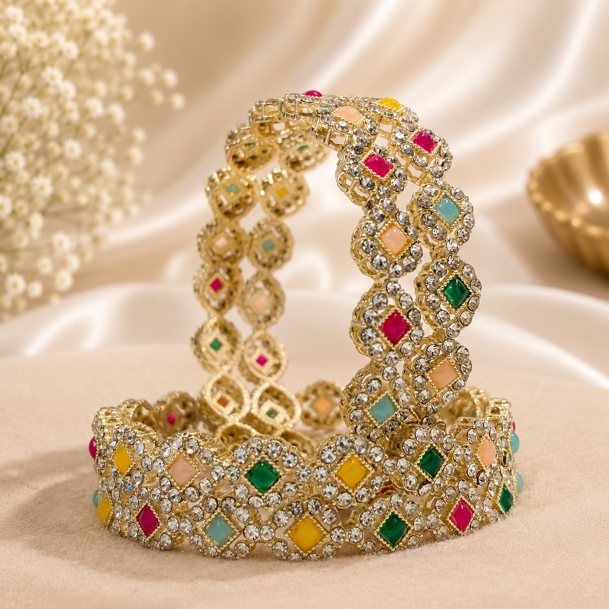 Metal Stone Bangle Kada (4 Pieces)