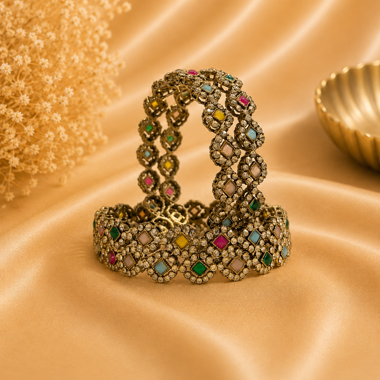 Metal Stone Bangle Kada (4 Pieces)