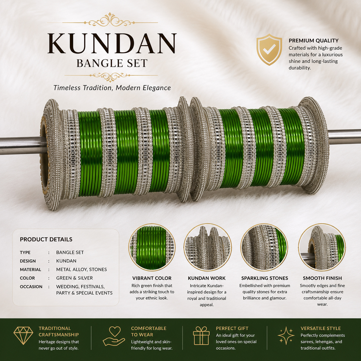 Green Metal Bangles Set with Kangan